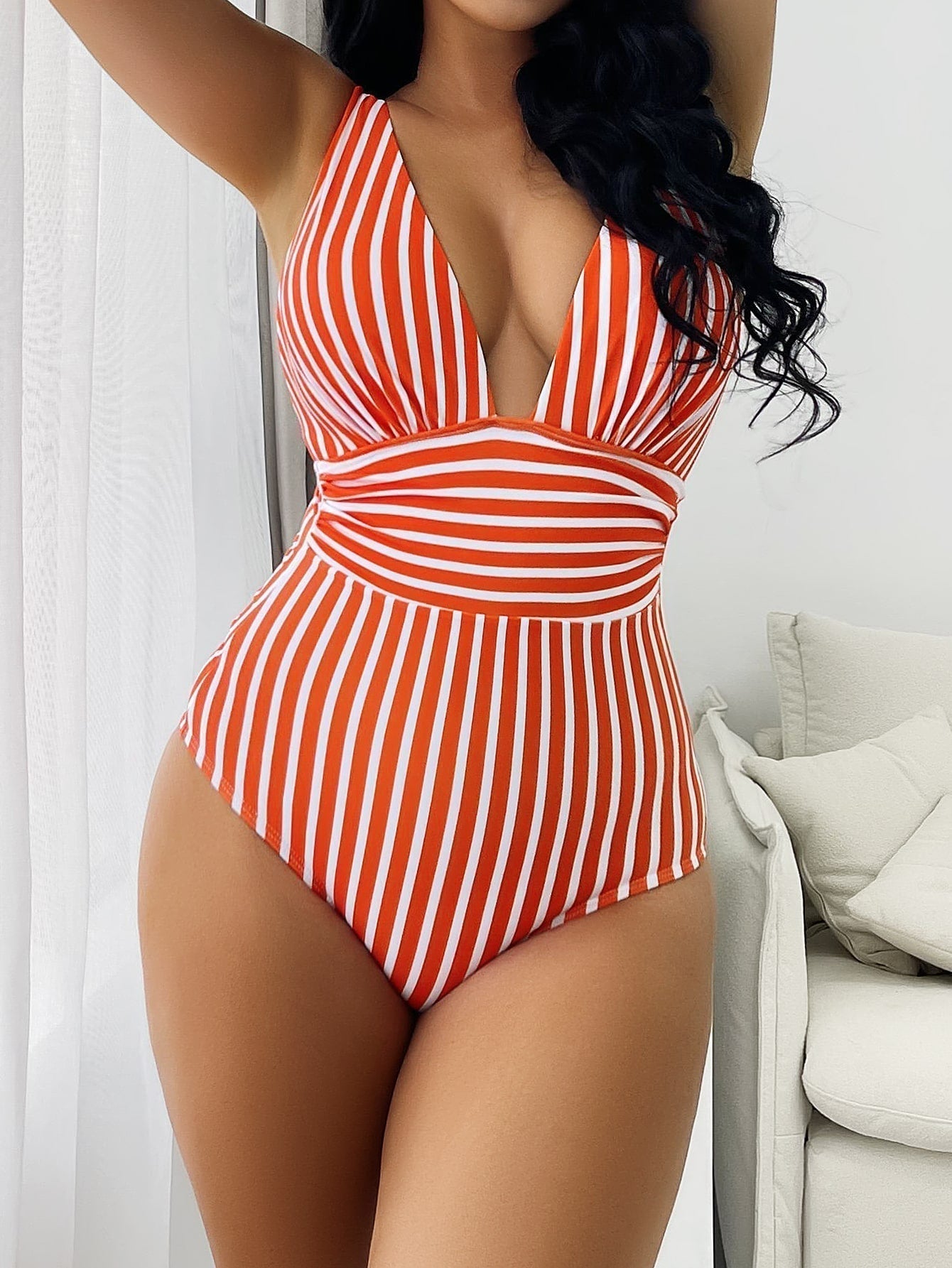 Badpak | V-hals | Eendelig | Gestreepte badpak | Damesbadkleding-Hallo Susanne