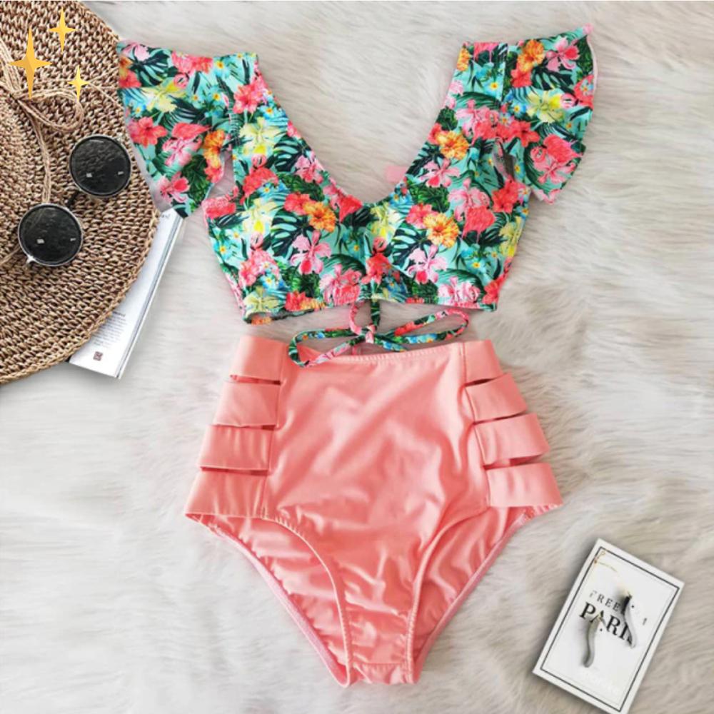 Bikiniset - Tweedelig - Mouwen met ruches - Bikini met hoge taille - Damesbadkleding-Hallo Susanne