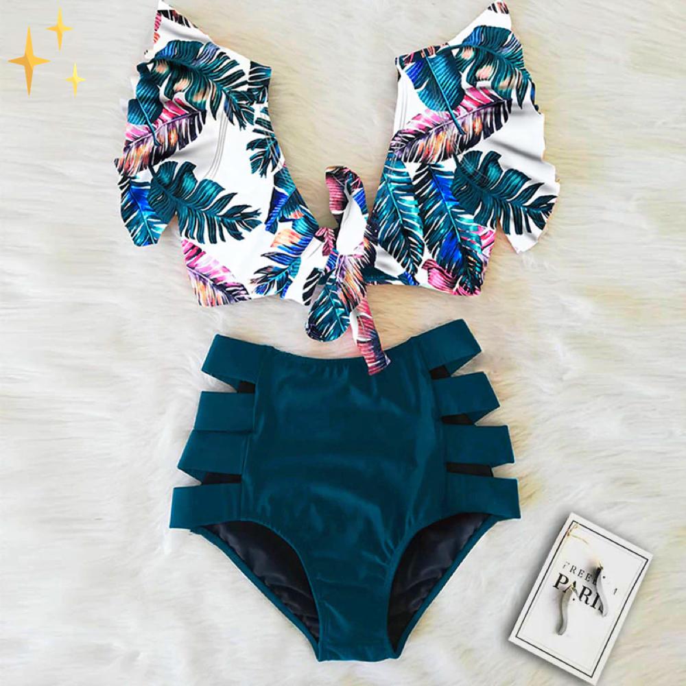 Bikiniset - Tweedelig - Mouwen met ruches - Bikini met hoge taille - Damesbadkleding-Hallo Susanne