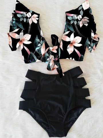 Bikiniset - Tweedelig - Mouwen met ruches - Bikini met hoge taille - Damesbadkleding-Hallo Susanne