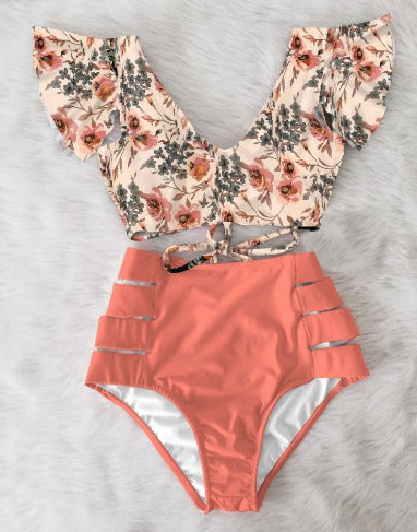 Bikiniset - Tweedelig - Mouwen met ruches - Bikini met hoge taille - Damesbadkleding-Hallo Susanne