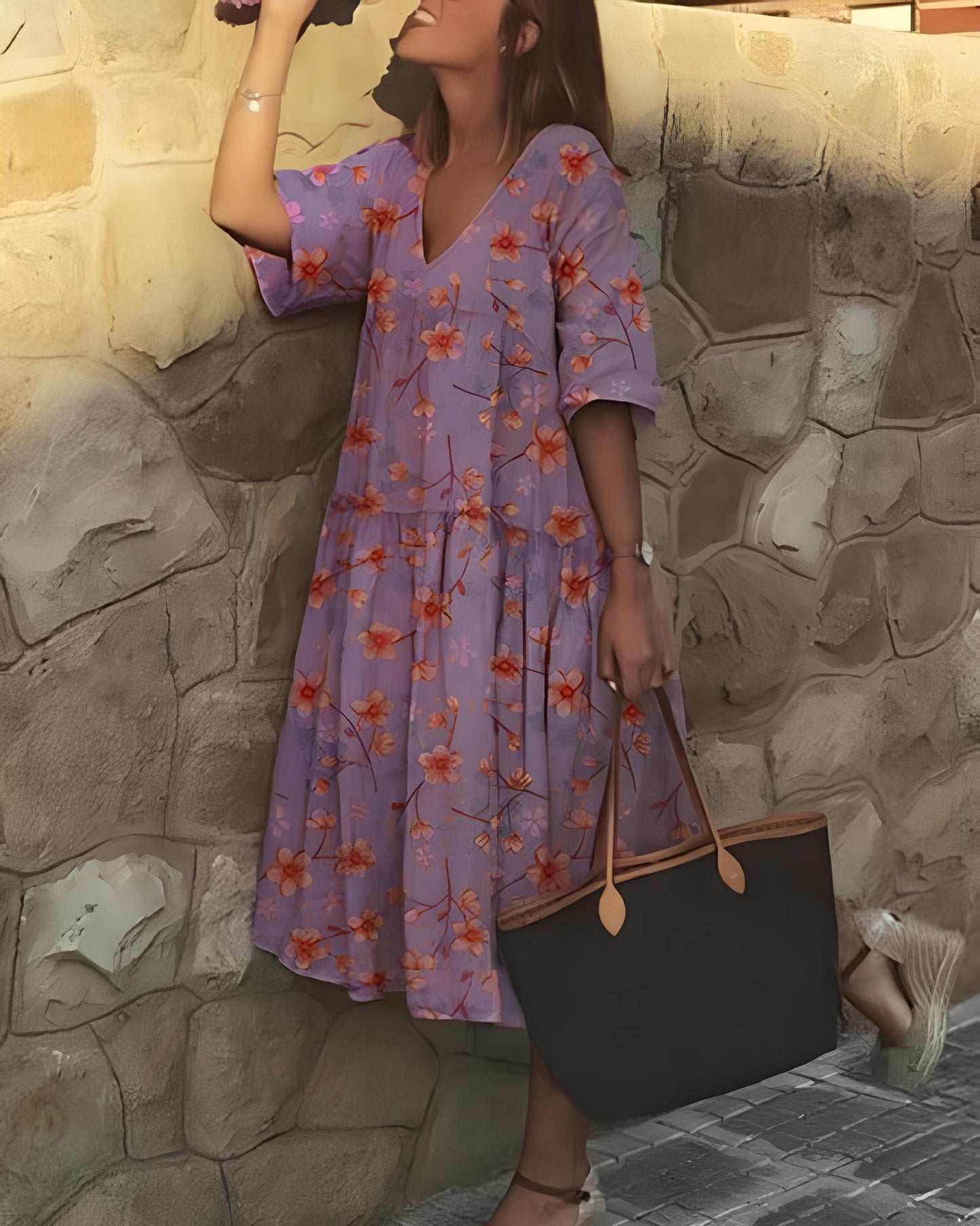 Bloemenjurk - A-lijn - V-hals - Midi-jurk - Zomerjurk-Hallo Susanne