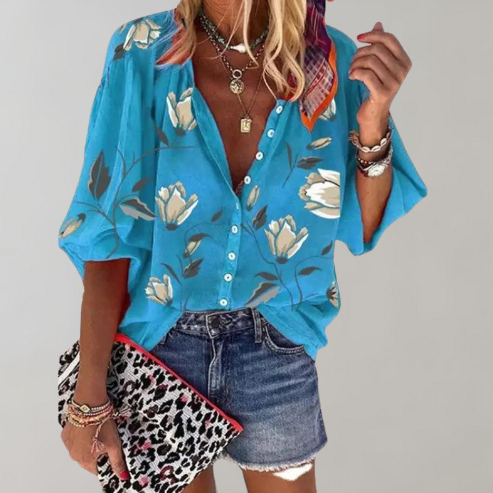 Bloemetjesblouse - Losjes model - Halve mouwen - Zomertop - Zomerkleding voor dames-Hallo Susanne
