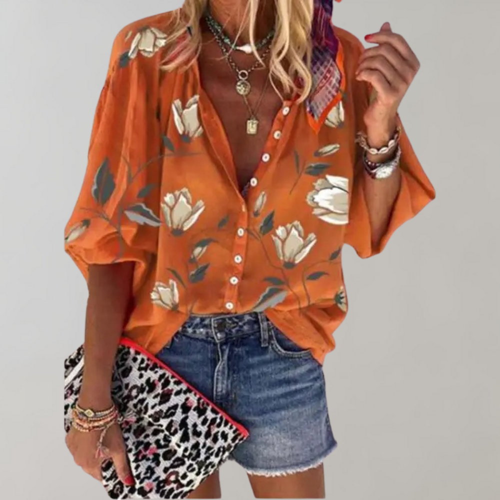 Bloemetjesblouse - Losjes model - Halve mouwen - Zomertop - Zomerkleding voor dames-Hallo Susanne
