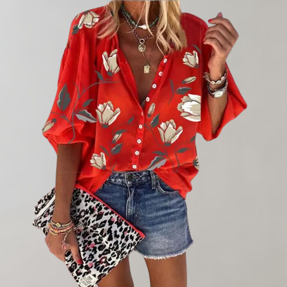 Bloemetjesblouse - Losjes model - Halve mouwen - Zomertop - Zomerkleding voor dames-Hallo Susanne