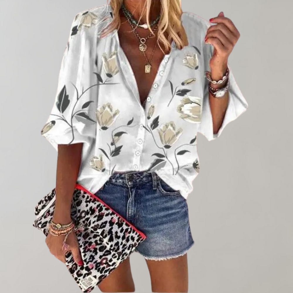 Bloemetjesblouse - Losjes model - Halve mouwen - Zomertop - Zomerkleding voor dames-Hallo Susanne