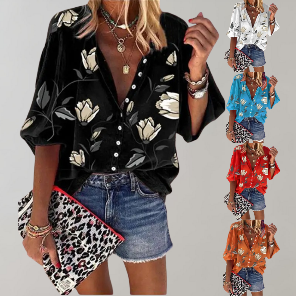Bloemetjesblouse - Losjes model - Halve mouwen - Zomertop - Zomerkleding voor dames-Hallo Susanne