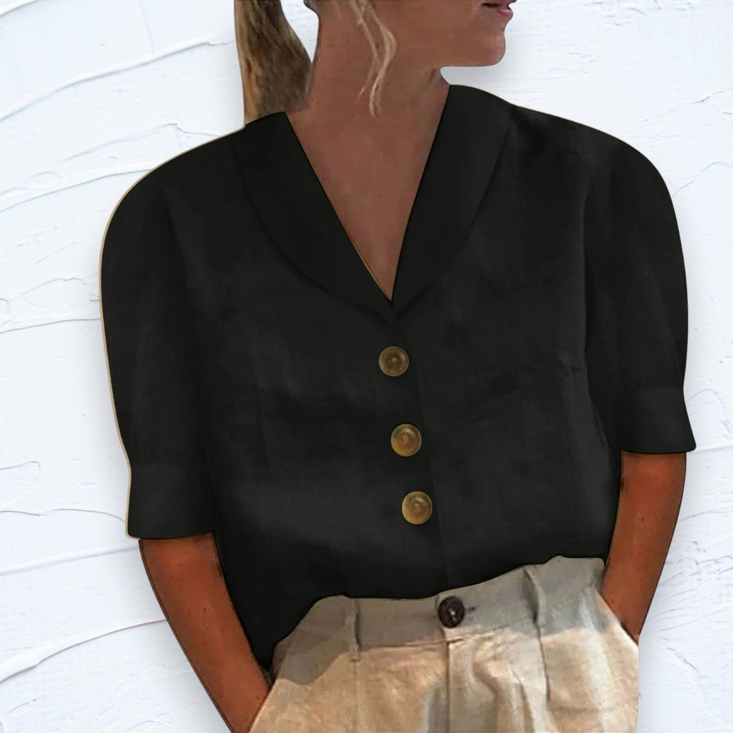 Blouse met korte mouwen | Losse pasvorm | Kraag | Knoopsluiting | Dames tops-Hallo Susanne