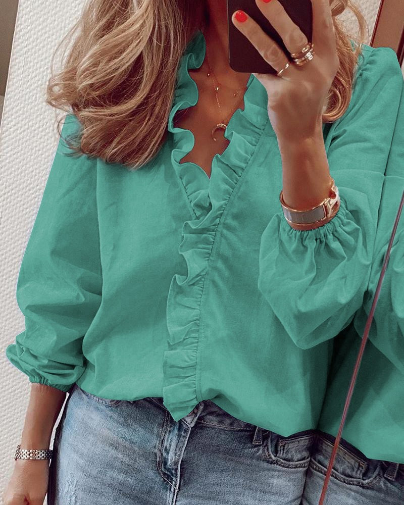 Blouse met ruches - Elegant - Lange Mouwen - Blouse met V-Hals - Dameshemden-Hallo Susanne