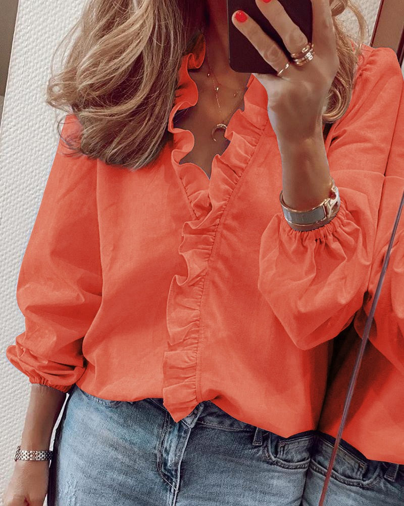 Blouse met ruches - Elegant - Lange Mouwen - Blouse met V-Hals - Dameshemden-Hallo Susanne