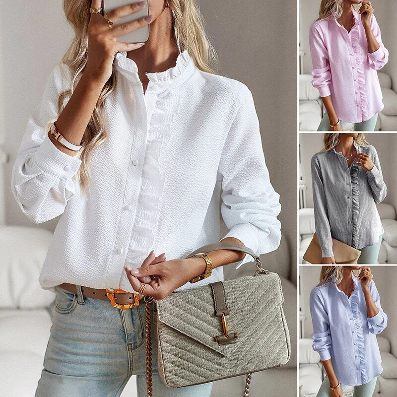 Blouse met ruches - Lange Mouw - Los model - Button-Up Top - Button-Up Shirt Vrouwen-Hallo Susanne