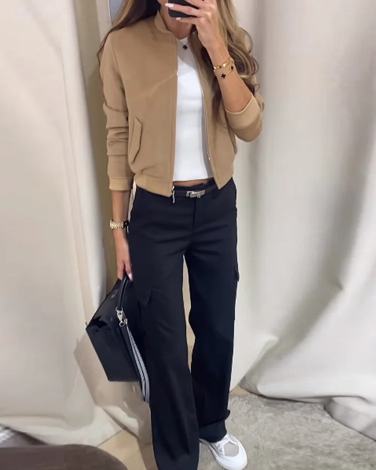 Co-Ord Set - Damesjas en Cargo Broek met Rechte Pijpen Tweedelige Set-Hallo Susanne