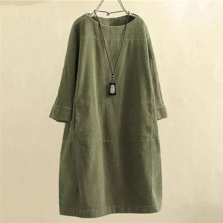 Corduroy Jurk - Dames Loose Fit Midi Jurk met Lange Mouwen-Hallo Susanne