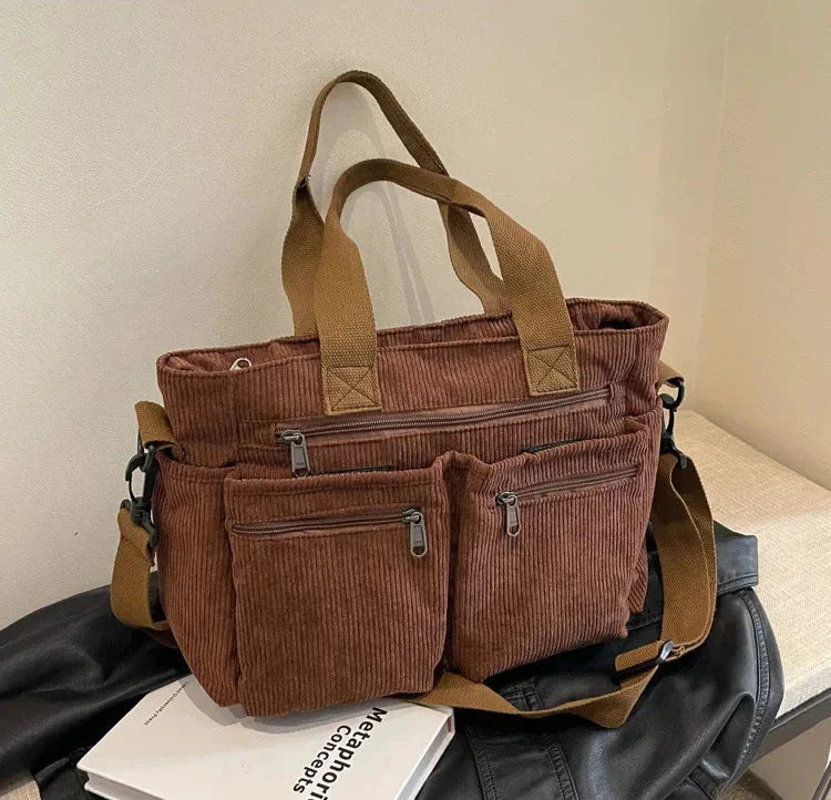 Corduroy tas - Multi-zak schoudertas met lange riem voor dames-Hallo Susanne