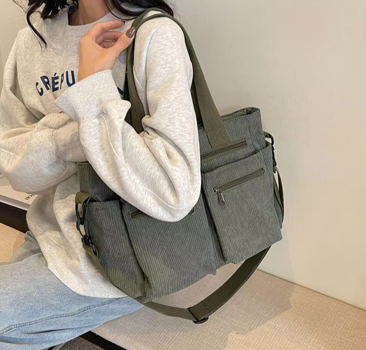 Corduroy tas - Multi-zak schoudertas met lange riem voor dames-Hallo Susanne