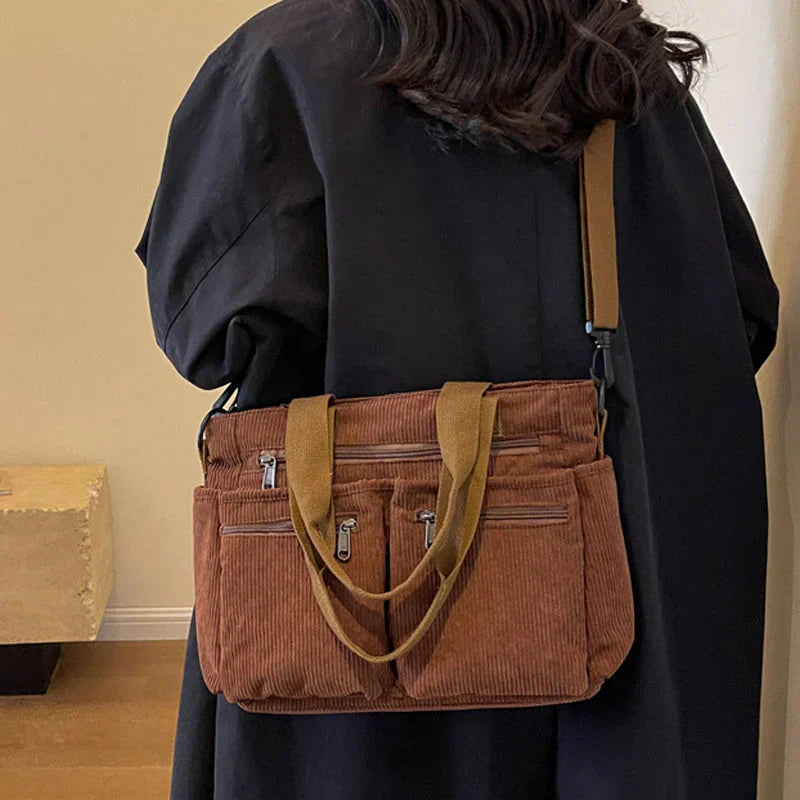 Corduroy tas - Multi-zak schoudertas met lange riem voor dames-Hallo Susanne