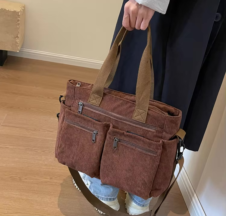 Corduroy tas - Multi-zak schoudertas met lange riem voor dames-Hallo Susanne