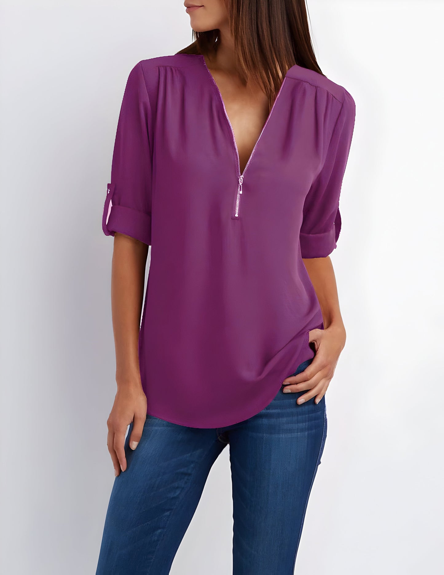 Damesblouse | Losse pasvorm | Lange mouwen | Zomertops | Tops met halve rits Dames-Hallo Susanne