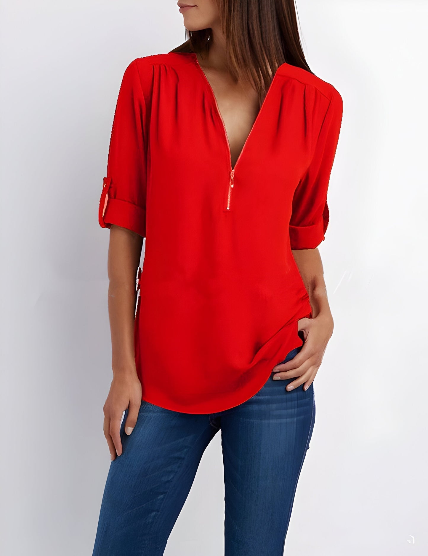 Damesblouse | Losse pasvorm | Lange mouwen | Zomertops | Tops met halve rits Dames-Hallo Susanne