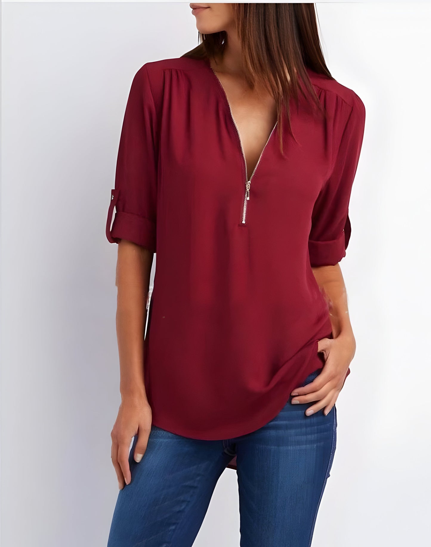 Damesblouse | Losse pasvorm | Lange mouwen | Zomertops | Tops met halve rits Dames-Hallo Susanne
