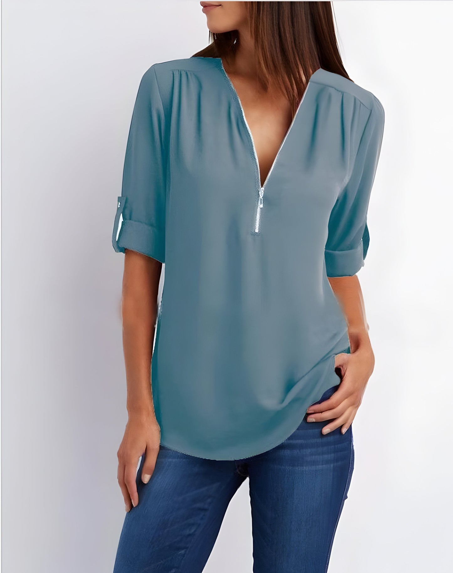 Damesblouse | Losse pasvorm | Lange mouwen | Zomertops | Tops met halve rits Dames-Hallo Susanne