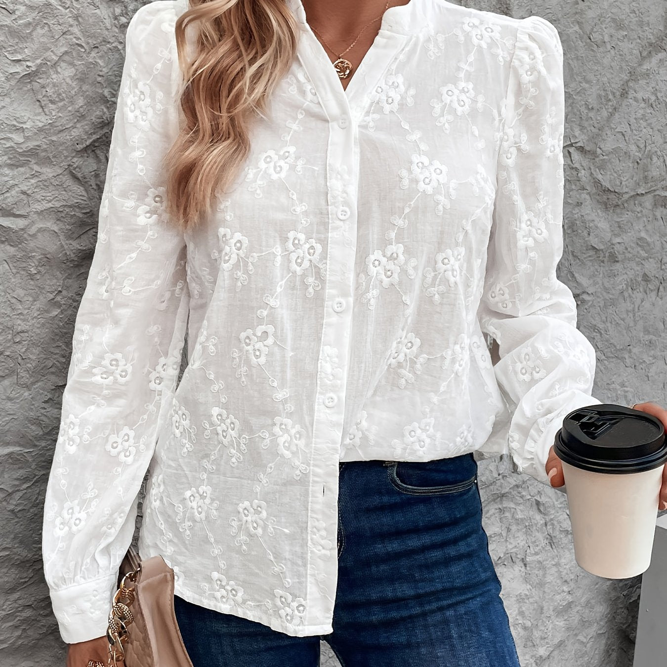 Damesoverhemd - Geborduurd - Lange mouwen - Wit overhemd - Blouse met knopen-Hallo Susanne