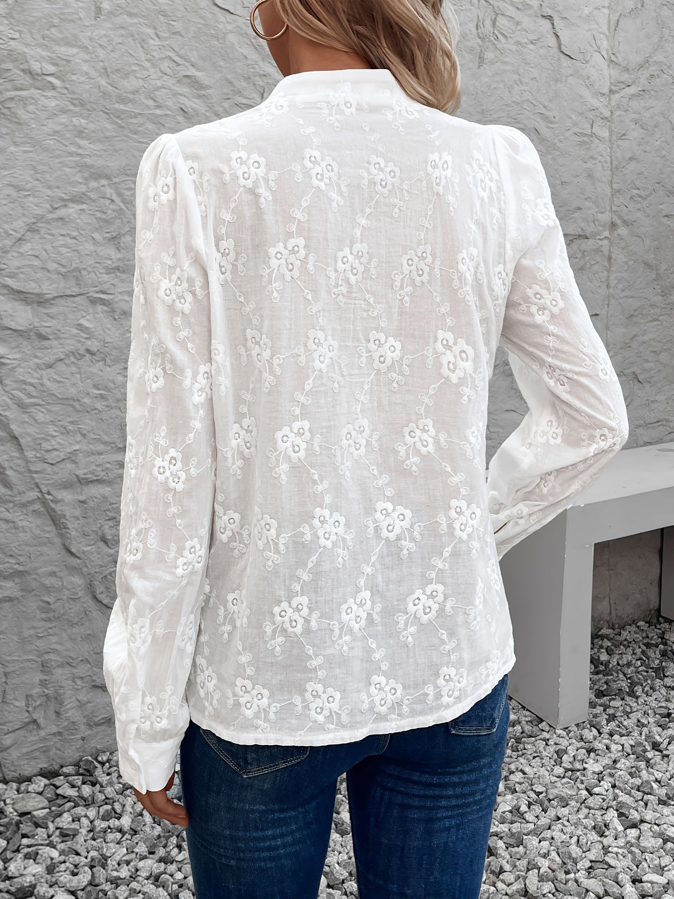 Damesoverhemd - Geborduurd - Lange mouwen - Wit overhemd - Blouse met knopen-Hallo Susanne
