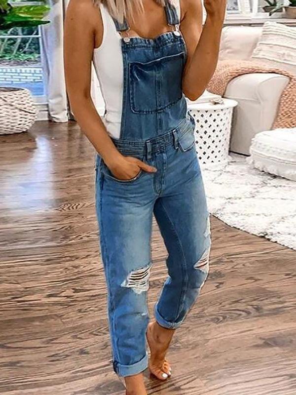 Denim Overalls - Ripped - Mouwloos - Denim tuinbroek - Jumpsuit Denim voor Dames-Hallo Susanne