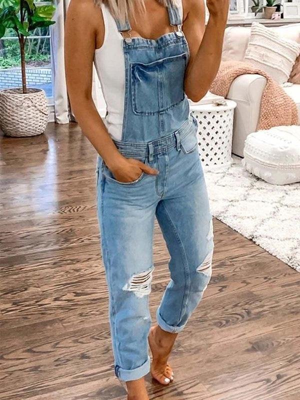 Denim Overalls - Ripped - Mouwloos - Denim tuinbroek - Jumpsuit Denim voor Dames-Hallo Susanne