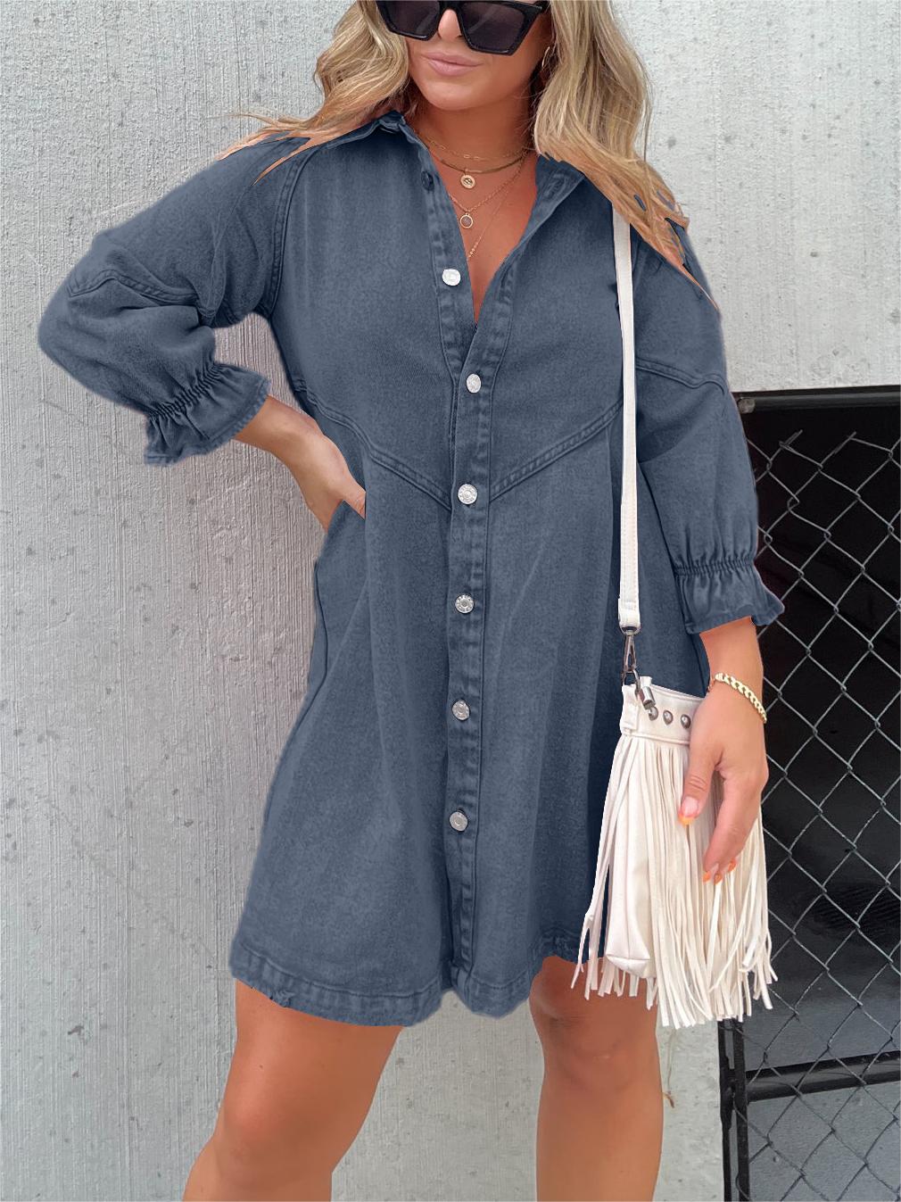 Denim jurk - Lange mouwen - Losse pasvorm - Mini denim jurk - Overhemdjurk-Hallo Susanne