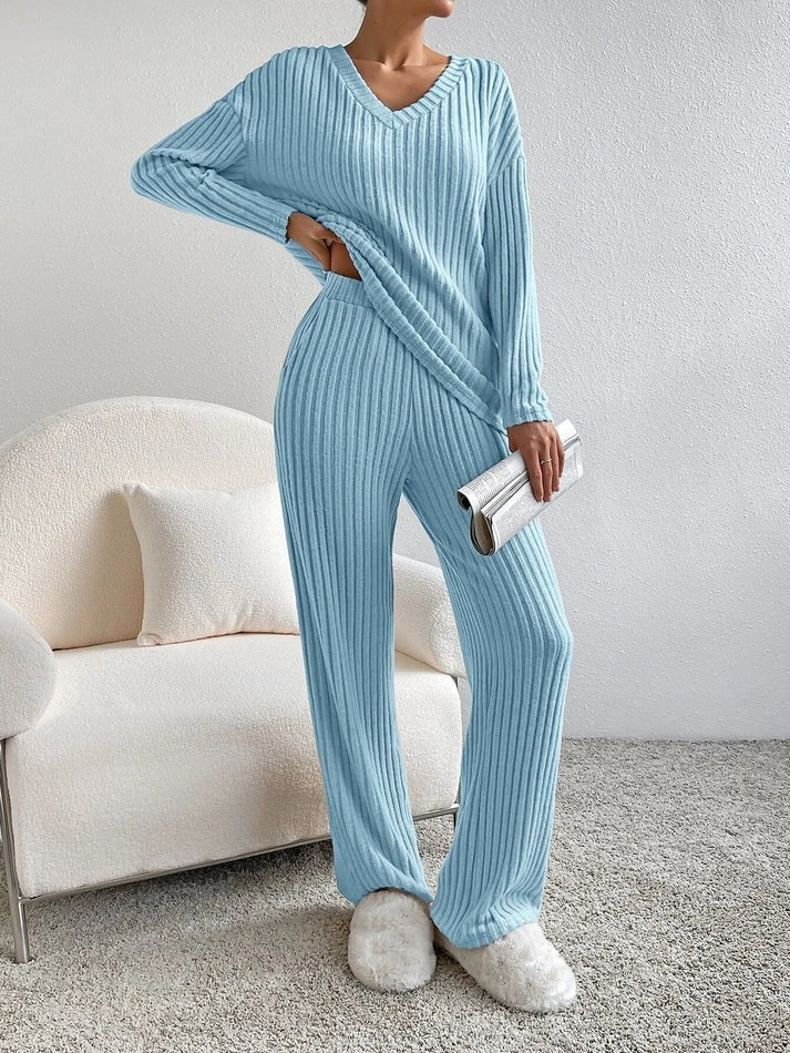Gebreide Co-Ord | Tweedelig | Lange Mouwen | Geribbelde Lounge Set | Dames Loungewear-Hallo Susanne