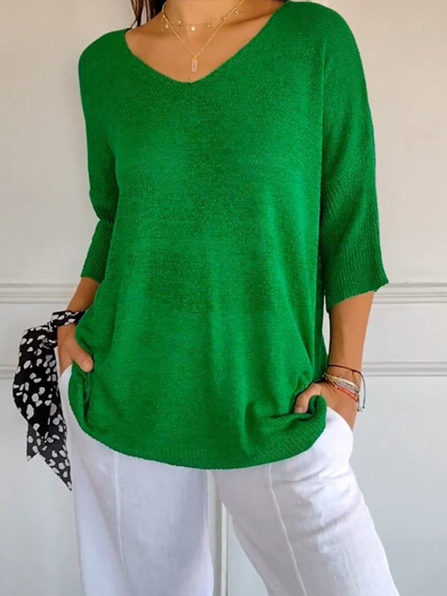 Gebreide blouse - Dames Trui met halve mouwen en losse V-hals-Hallo Susanne