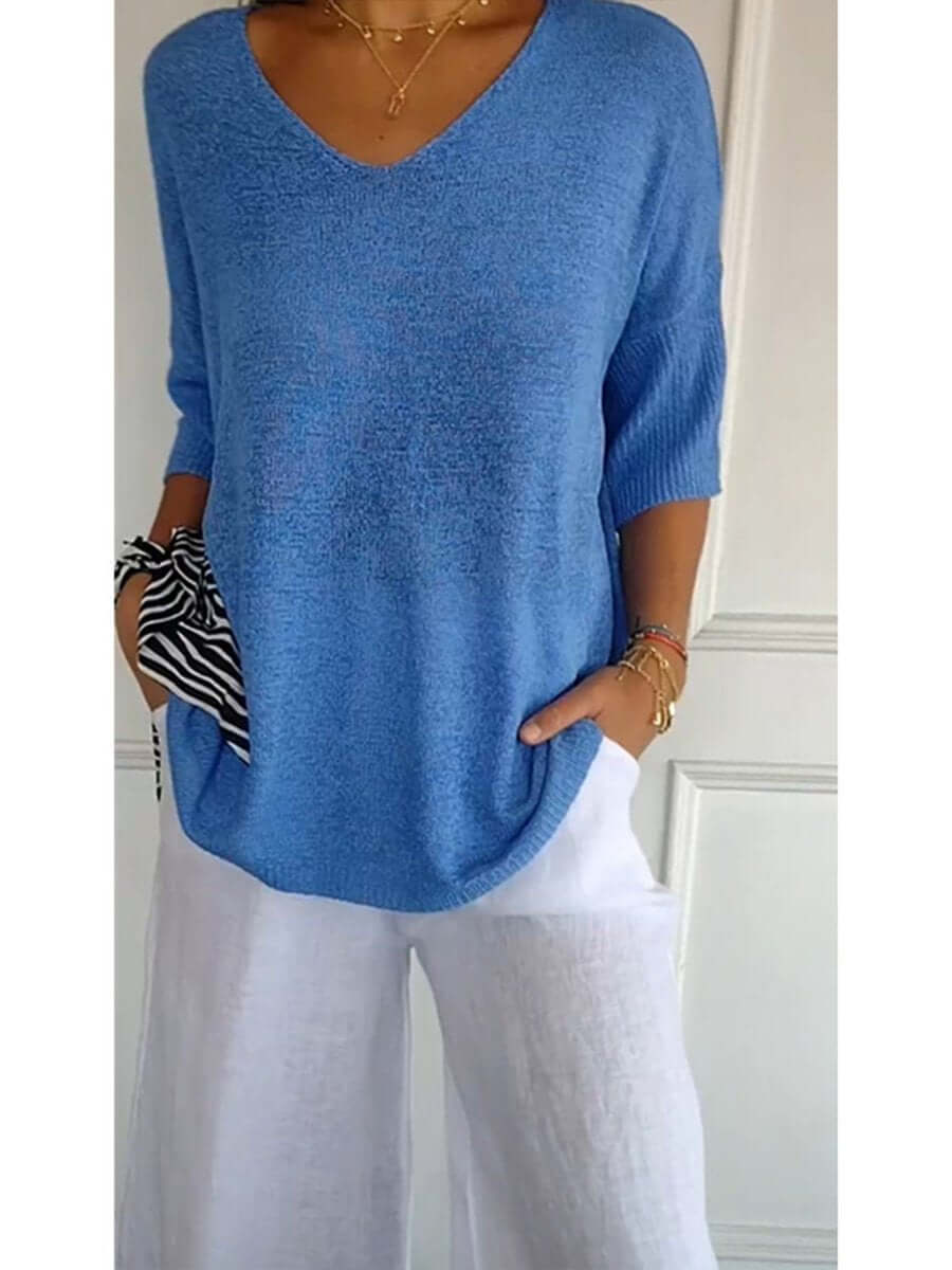 Gebreide blouse - Dames Trui met halve mouwen en losse V-hals-Hallo Susanne