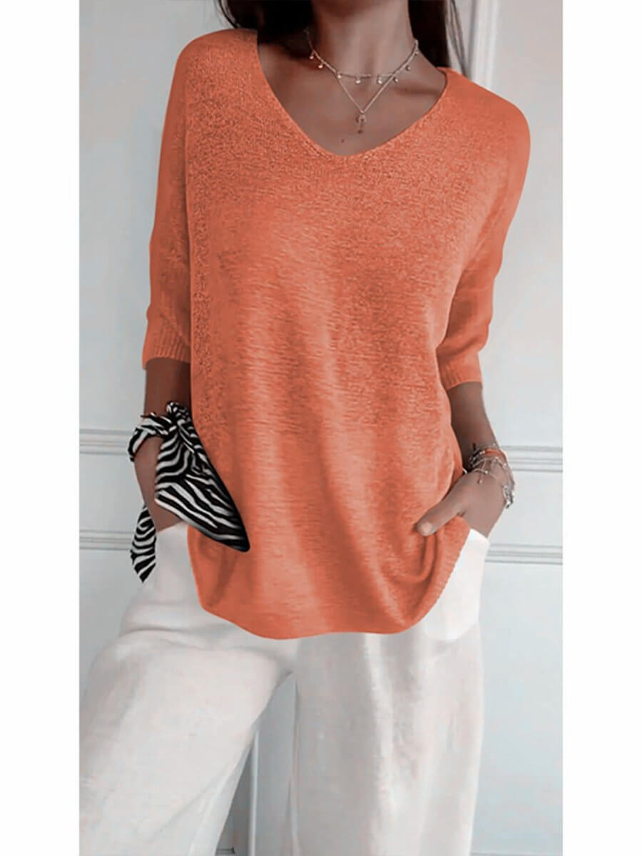 Gebreide blouse - Dames Trui met halve mouwen en losse V-hals-Hallo Susanne