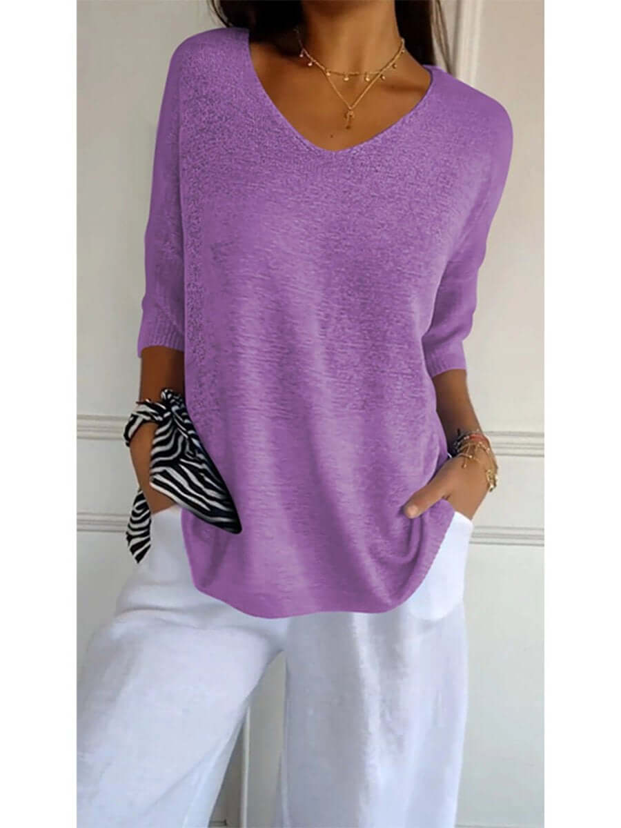 Gebreide blouse - Dames Trui met halve mouwen en losse V-hals-Hallo Susanne
