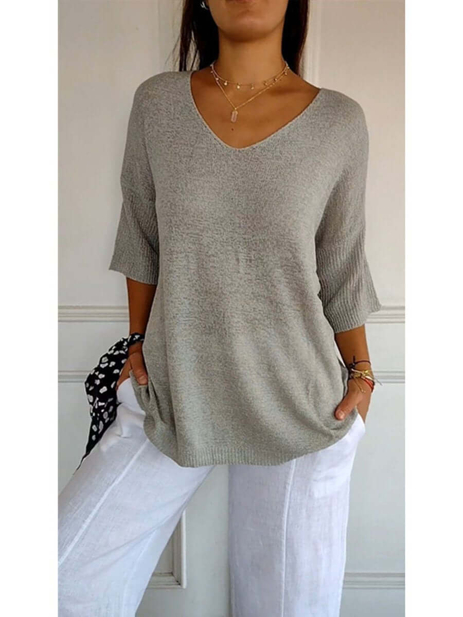Gebreide blouse - Dames Trui met halve mouwen en losse V-hals-Hallo Susanne
