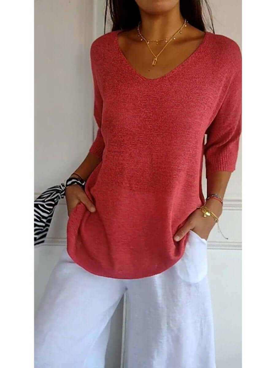 Gebreide blouse - Dames Trui met halve mouwen en losse V-hals-Hallo Susanne