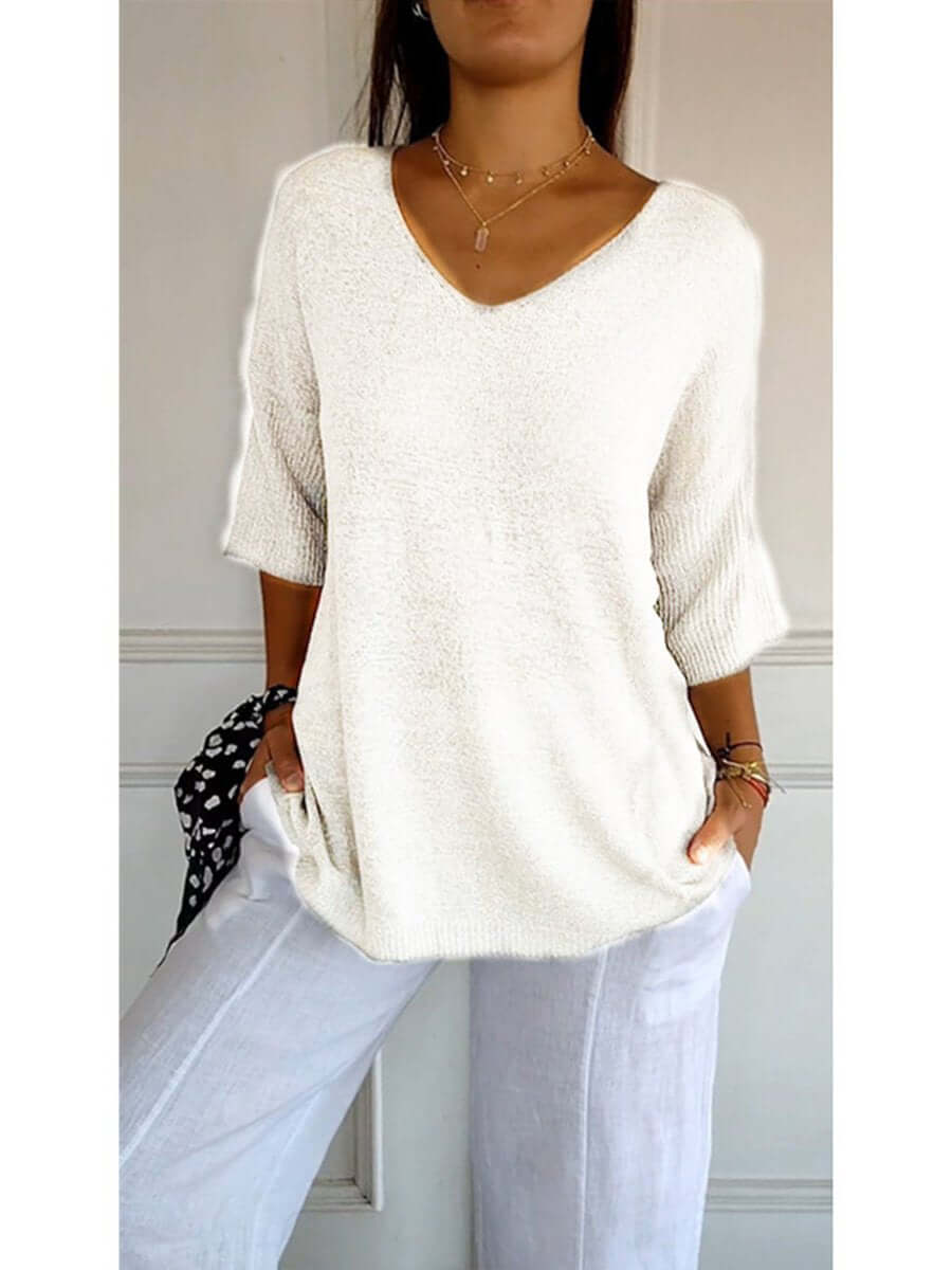 Gebreide blouse - Dames Trui met halve mouwen en losse V-hals-Hallo Susanne