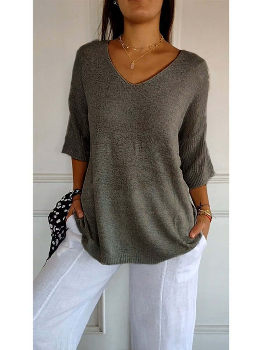 Gebreide blouse - Dames Trui met halve mouwen en losse V-hals-Hallo Susanne