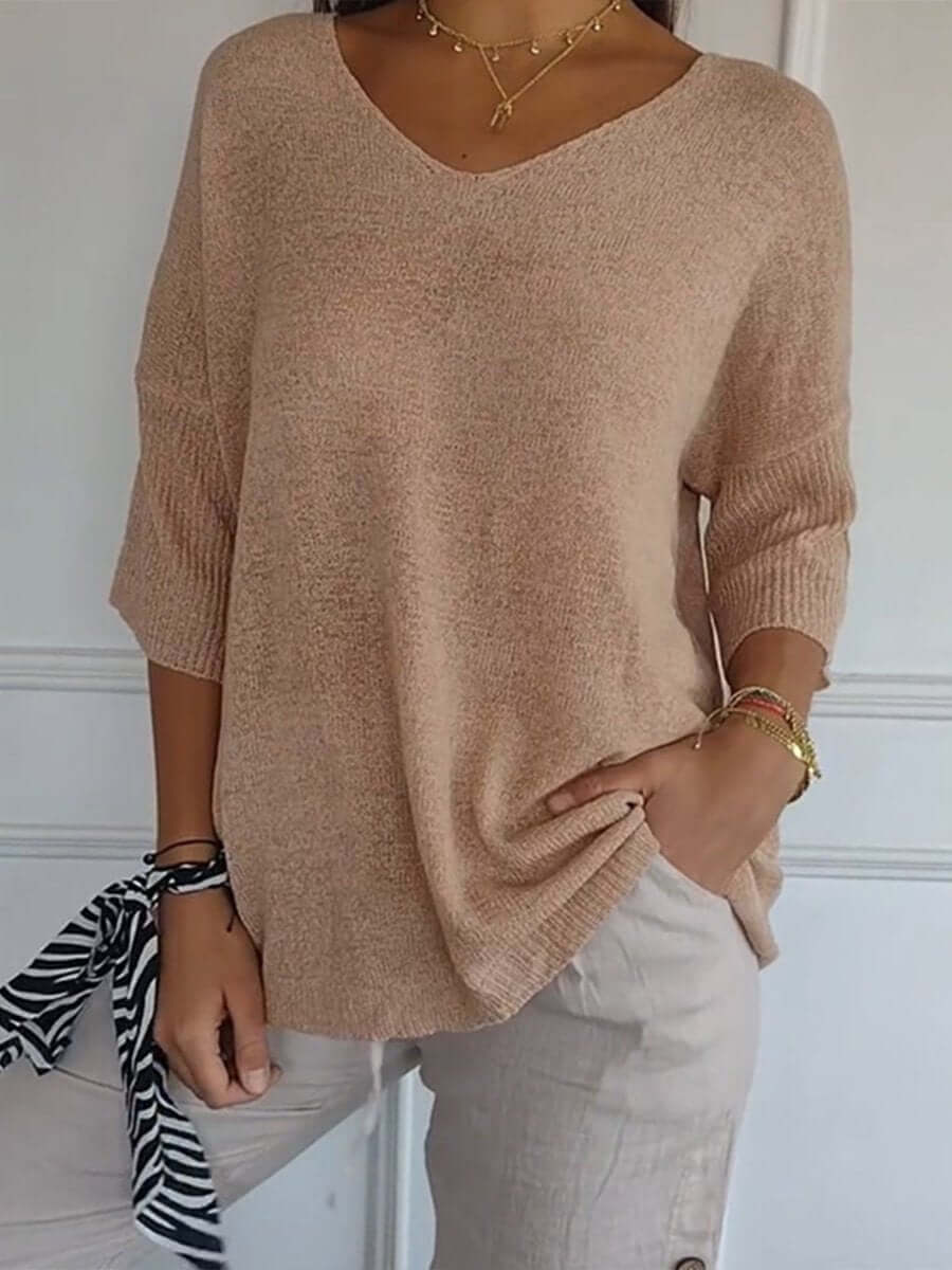 Gebreide blouse - Dames Trui met halve mouwen en losse V-hals-Hallo Susanne