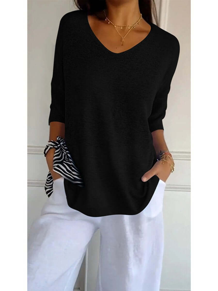 Gebreide blouse - Dames Trui met halve mouwen en losse V-hals-Hallo Susanne