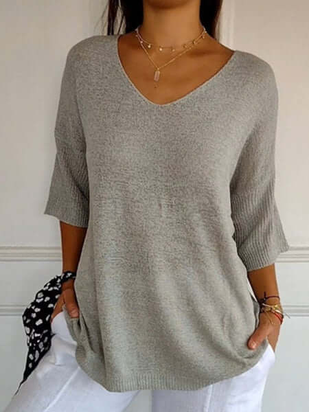 Gebreide blouse - Dames Trui met halve mouwen en losse V-hals-Hallo Susanne