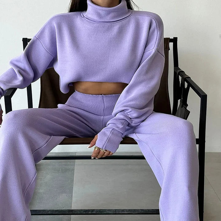 Gebreide tweedelige set - Dames Turtleneck High Waisted Broek met wijde pijpen Co-Ord Set-Hallo Susanne