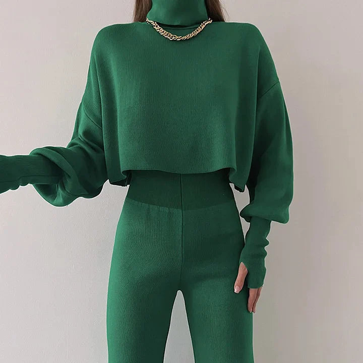 Gebreide tweedelige set - Dames Turtleneck High Waisted Broek met wijde pijpen Co-Ord Set-Hallo Susanne