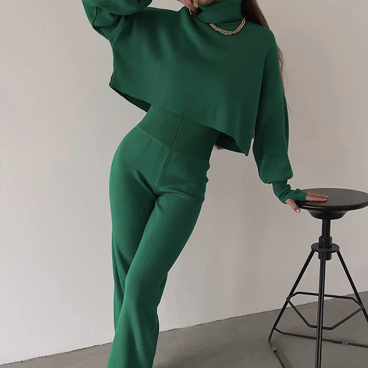 Gebreide tweedelige set - Dames Turtleneck High Waisted Broek met wijde pijpen Co-Ord Set-Hallo Susanne