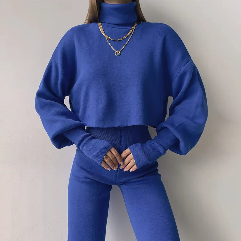 Gebreide tweedelige set - Dames Turtleneck High Waisted Broek met wijde pijpen Co-Ord Set-Hallo Susanne