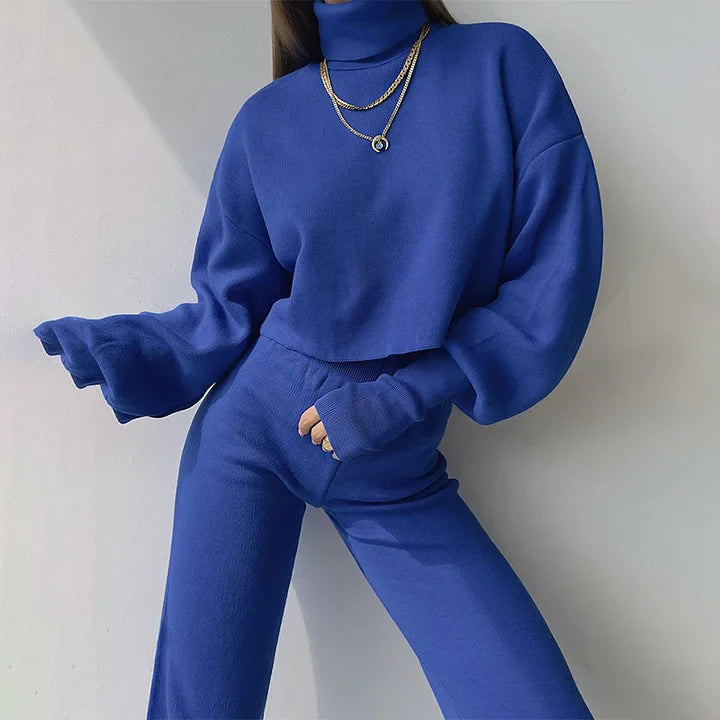 Gebreide tweedelige set - Dames Turtleneck High Waisted Broek met wijde pijpen Co-Ord Set-Hallo Susanne