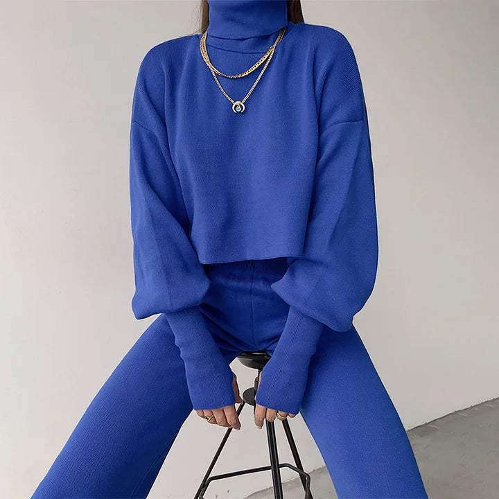 Gebreide tweedelige set - Dames Turtleneck High Waisted Broek met wijde pijpen Co-Ord Set-Hallo Susanne