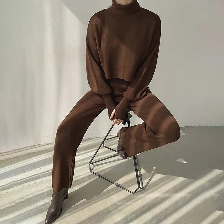 Gebreide tweedelige set - Dames Turtleneck High Waisted Broek met wijde pijpen Co-Ord Set-Hallo Susanne