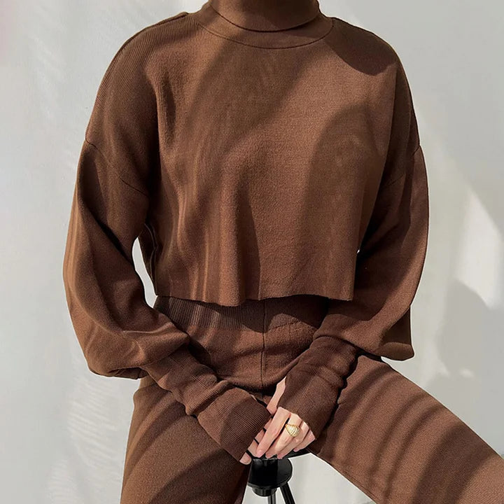 Gebreide tweedelige set - Dames Turtleneck High Waisted Broek met wijde pijpen Co-Ord Set-Hallo Susanne